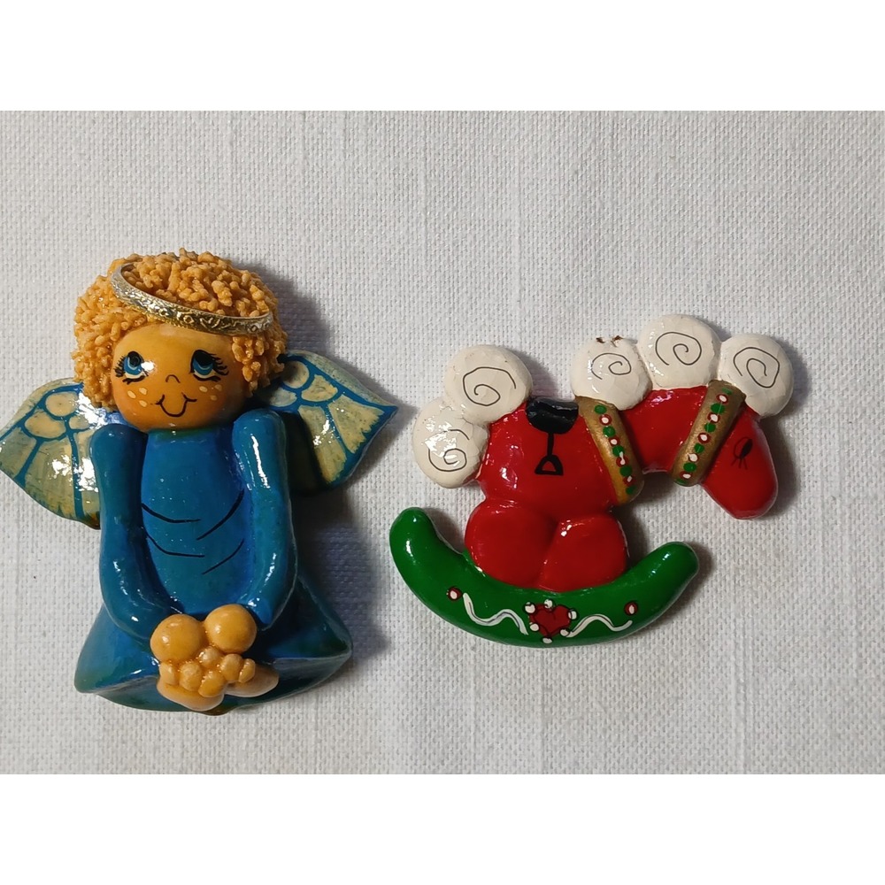 2 80's DOUGH Christmas Hanging Ornament Red Rocking Horse /Cute Angel